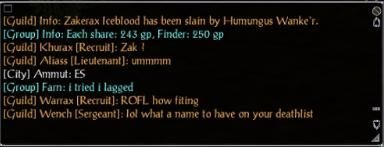 Guild chat: "Zakerax Iceblood has been slain," with Warrax listed as a Recruit.